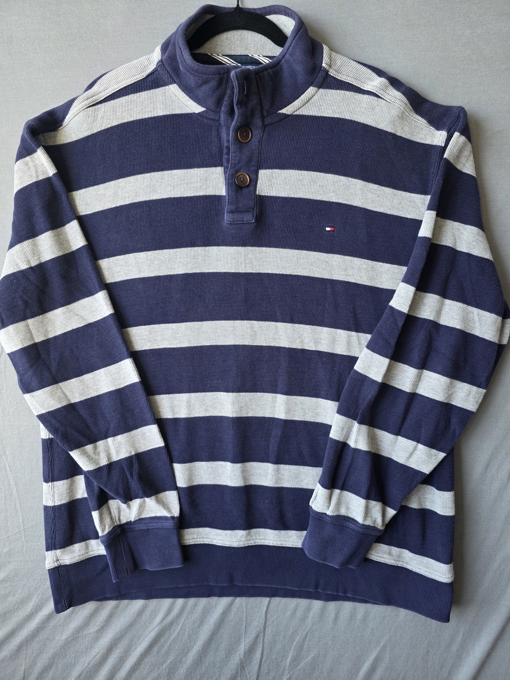 Tommy Hilfiger Men’s XXL Navy Gray Stripe Mock Neck Button Pullover Sweater